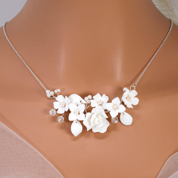 Ceramic White Rose Flower Natural Pearl Necklace, Bridal Necklace, Statement Necklace, Gift For Her.